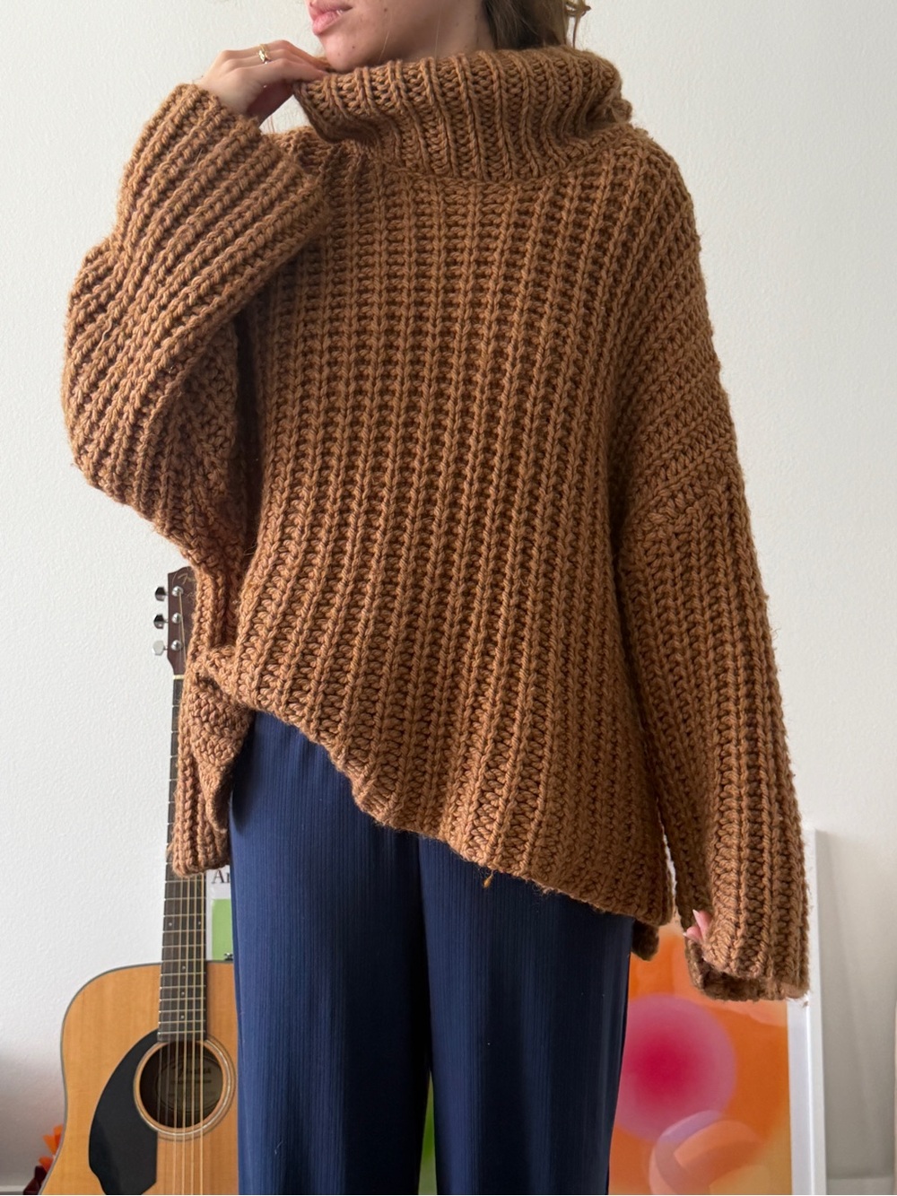 Chunky Oversized Turtleneck Sweater in Camel